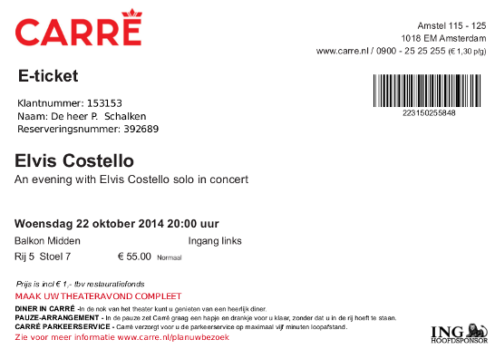 Ticket  Elvis Costello Carre